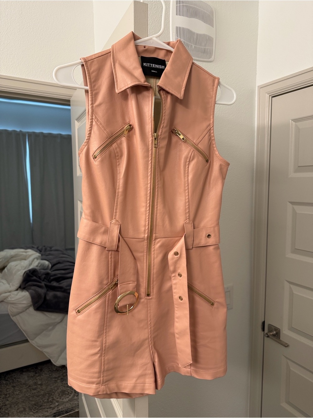 KITTENISH Peach Zip-Front Sleeveless Romper with Belt